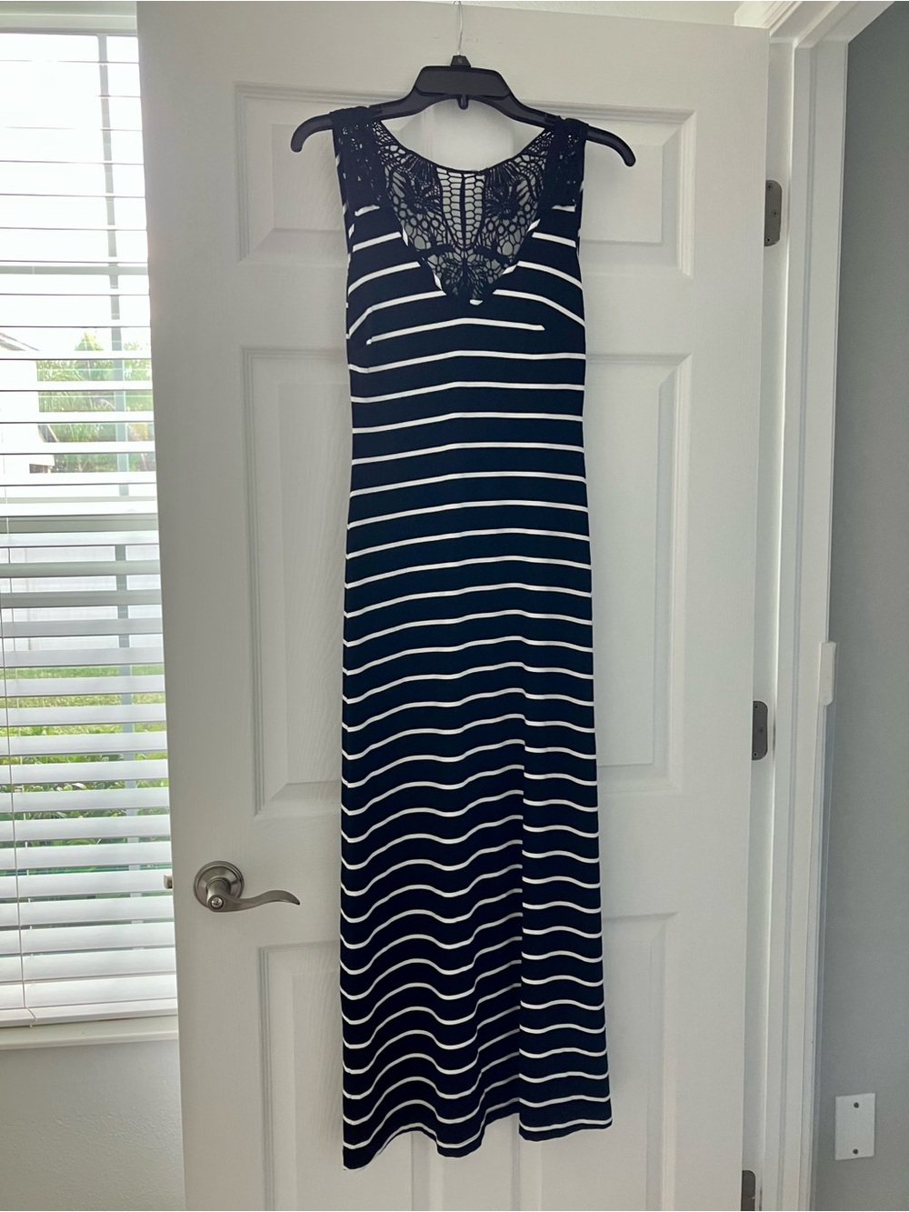 Cache Black and White Striped Maxi Dress with Lace Yoke